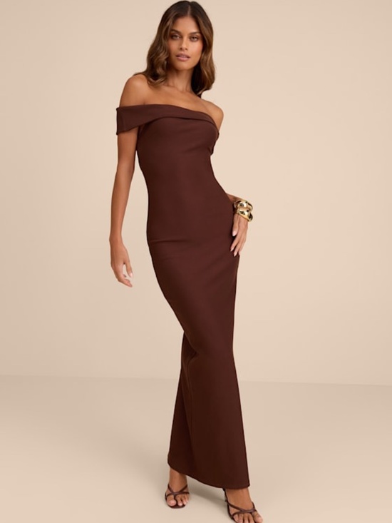 Lulus Dresses & Skirts - Lulus Chastain Brown Ponte Knit Off-the-shoulder Maxi Dress - Size M